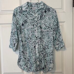 Chico's 100% Linen Animal Black Patterned Button-Down Shirt Sz 00